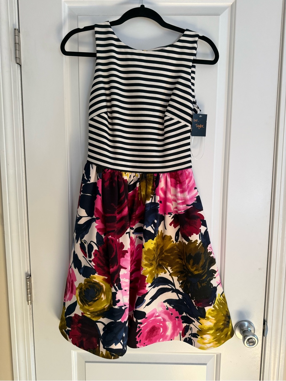 Taylor Black and White Striped Dress with Floral Skirt